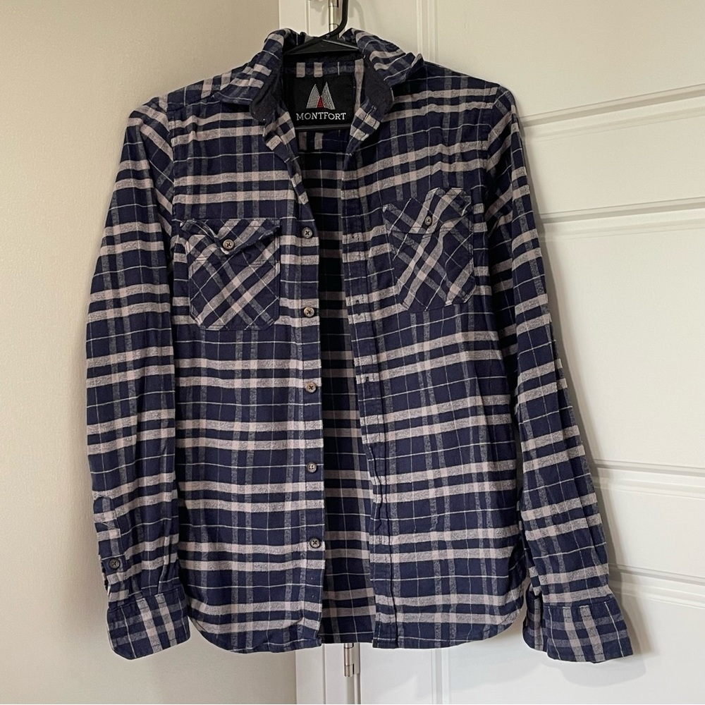 Montfort Men's Shirt Blue Gray Plaid Flannel Long Sleeve Size S